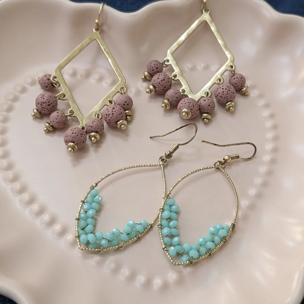 2 Pair Gold Tone Beaded Boho Dangle Beaded Earrings